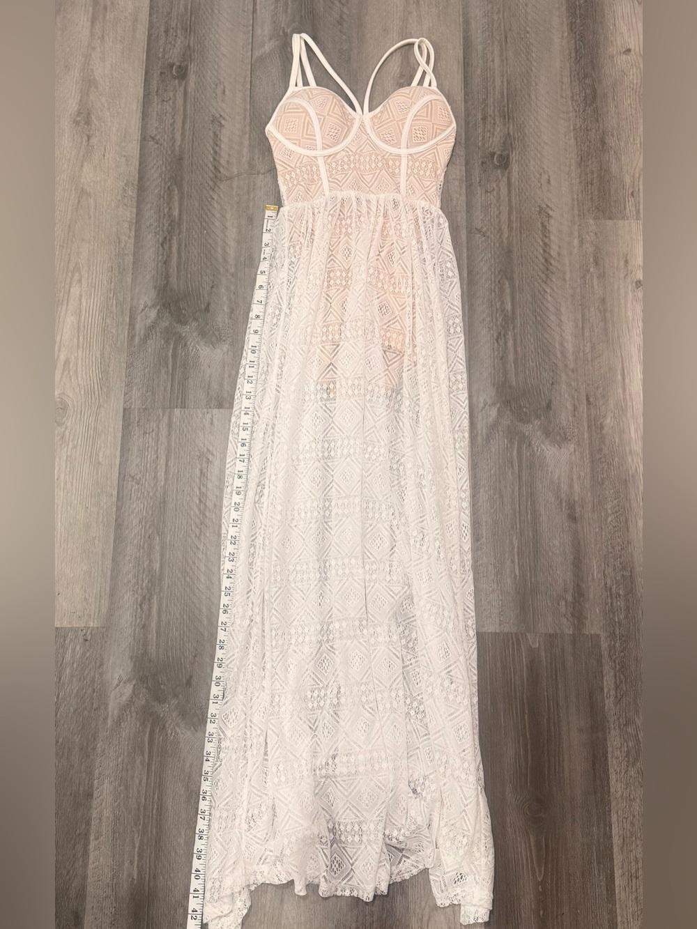 Entry Ivory Lace Maxi Gown Romper with Sheer Skirt